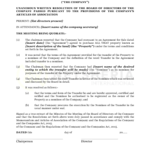 Board Resolutions Document where a Company is appointing a nominee pursuant to a sale transaction | Netsheria Legal Documents in Kenya