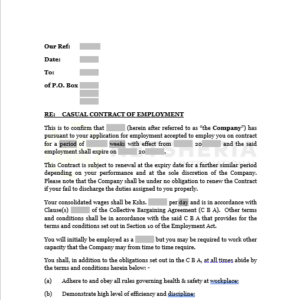 Casuals Contract of Appointment -under CBA | Netsheria commercial contracts online in Nairobi